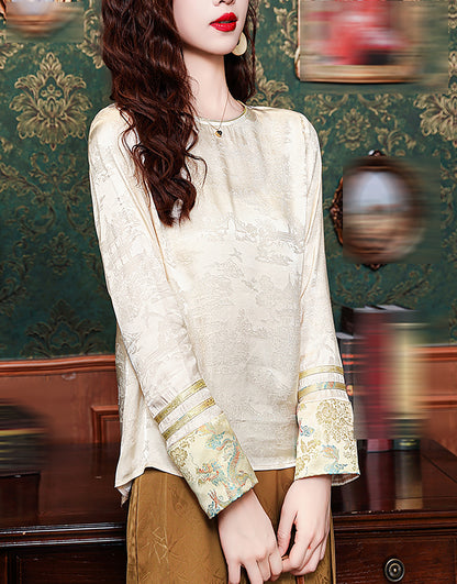 Elegant New Chinese Round Neck Satin Blouse with Embroidered Cuffs
