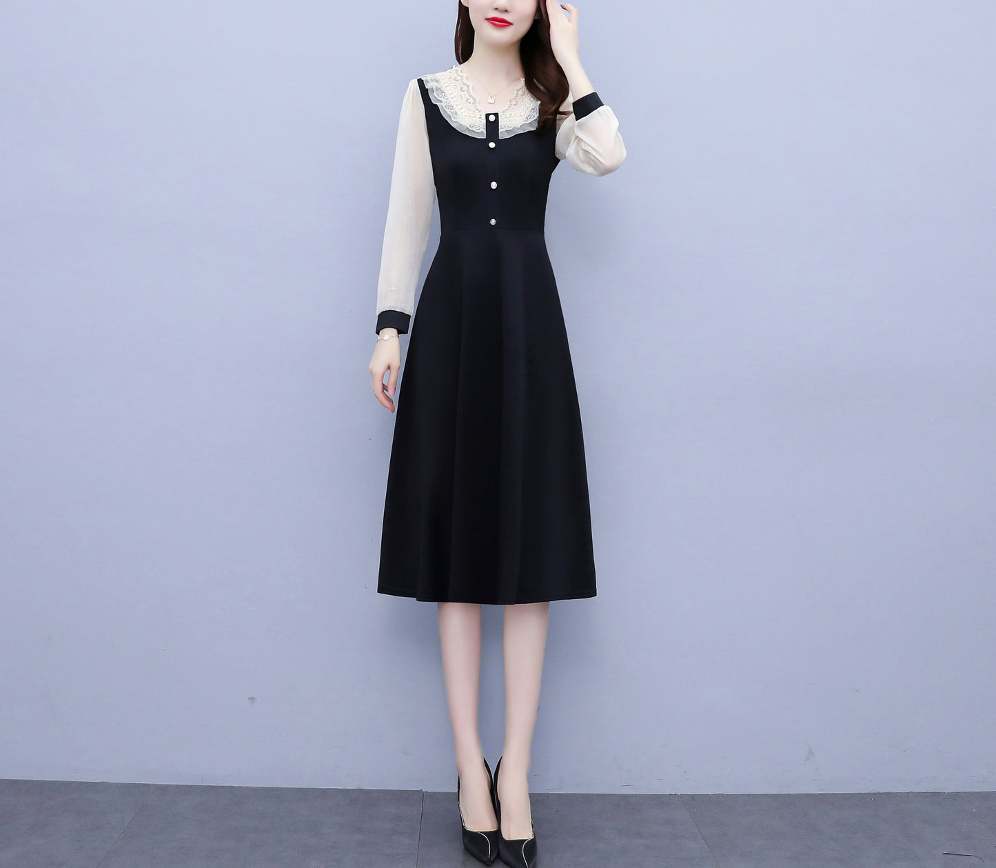 Women's V-neck Long Sleeve Patchwork Black Dress - LAI MENG FIVE CATS