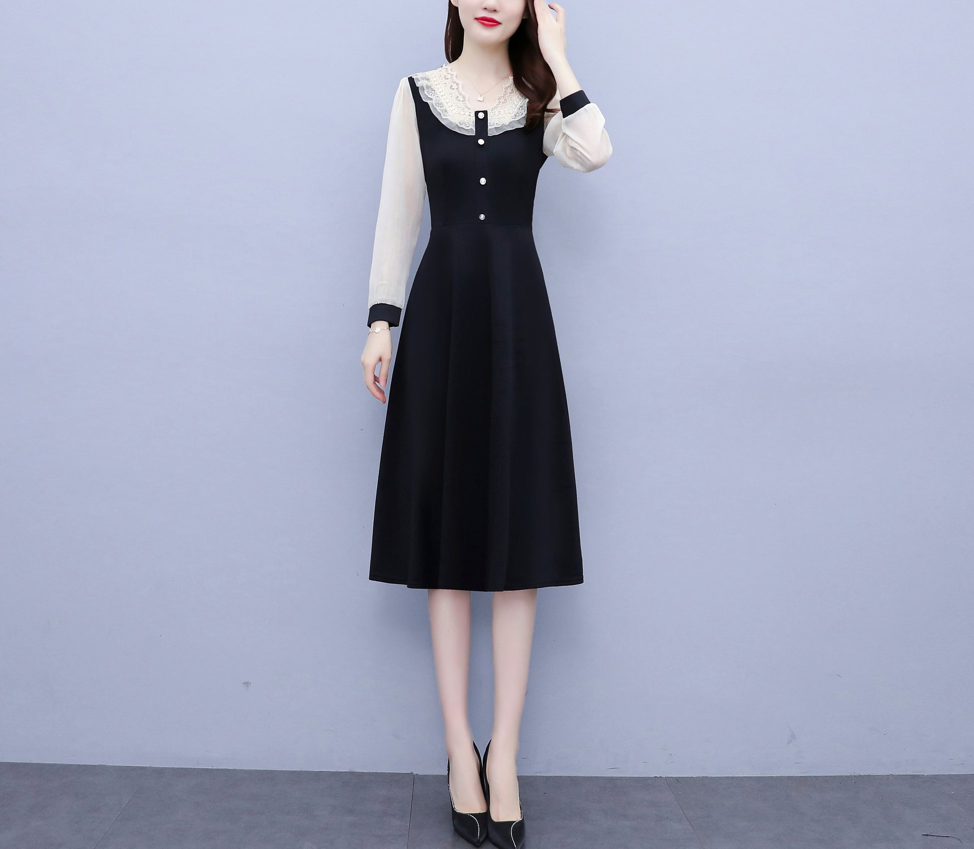 Women's V-neck Long Sleeve Patchwork Black Dress - LAI MENG FIVE CATS