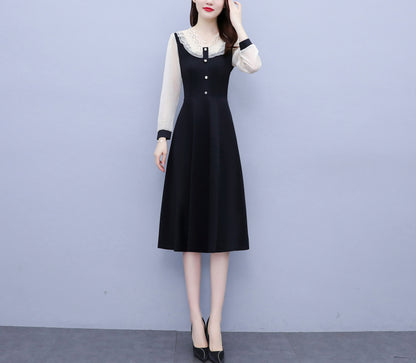 Women's V-neck Long Sleeve Patchwork Black Dress - LAI MENG FIVE CATS