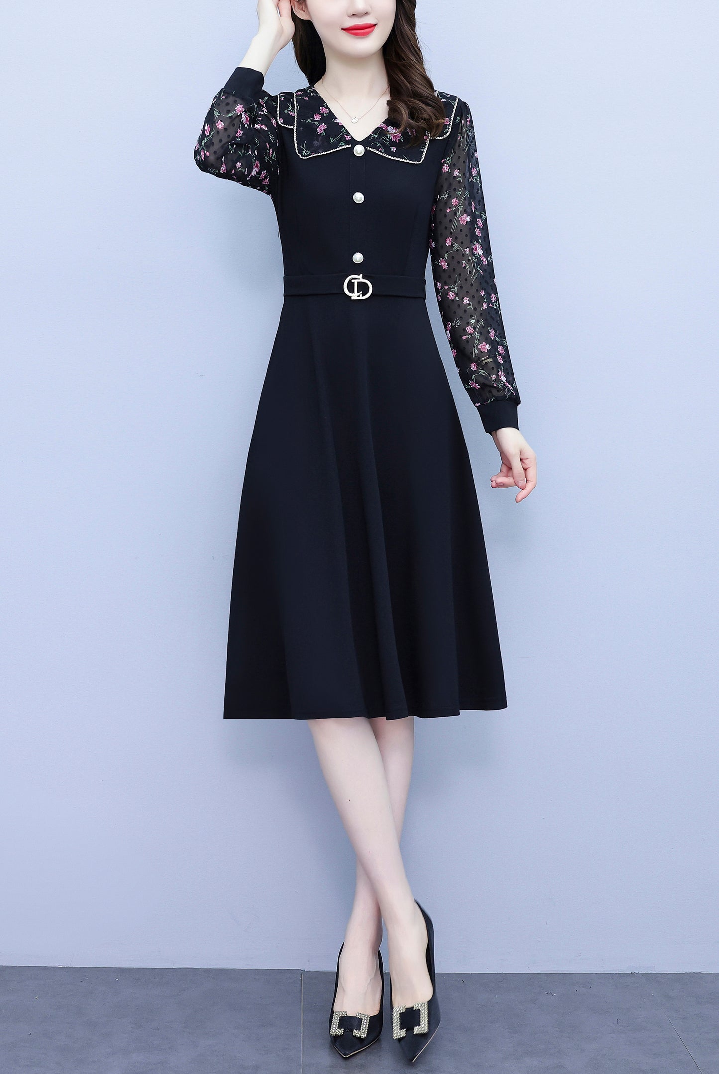 Women's Peter Pan Collar Long Sleeve Pocket Midi Dress