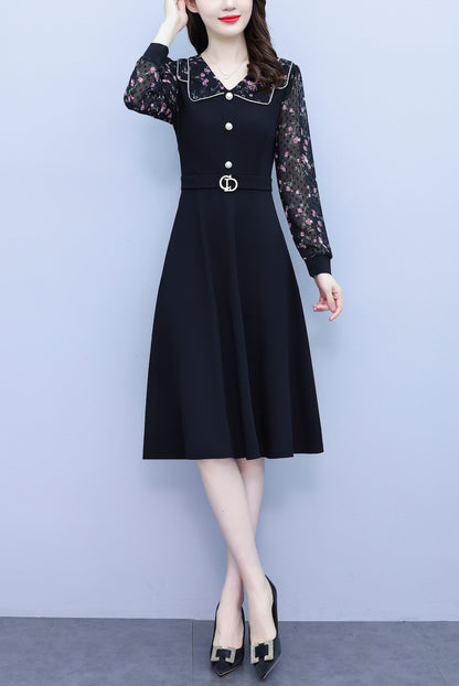 Women's Peter Pan Collar Long Sleeve Pocket Midi Dress