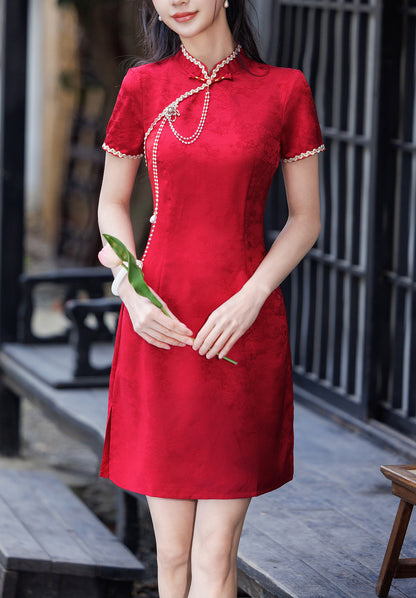Red Jacquard Cheongsam Dress Short Sleeve Qipao with Pearl Tassel