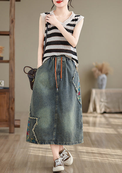 Women's Denim Drawstring Waist Pockets Jean Skirt