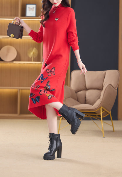 Women's Turtleneck Sweater Long Sleeve Red Dress