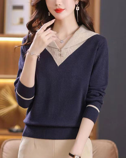 Chic Contrast Collar Knit Sweater - Elegant V-Neck Pullover