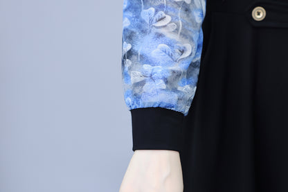 Women's V-Neck Long Sleeve Patchwork Black Dress