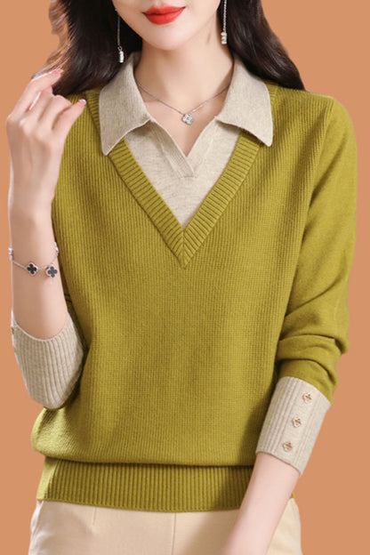 Women's Polo Contrast Collar Sweater Pullover Top