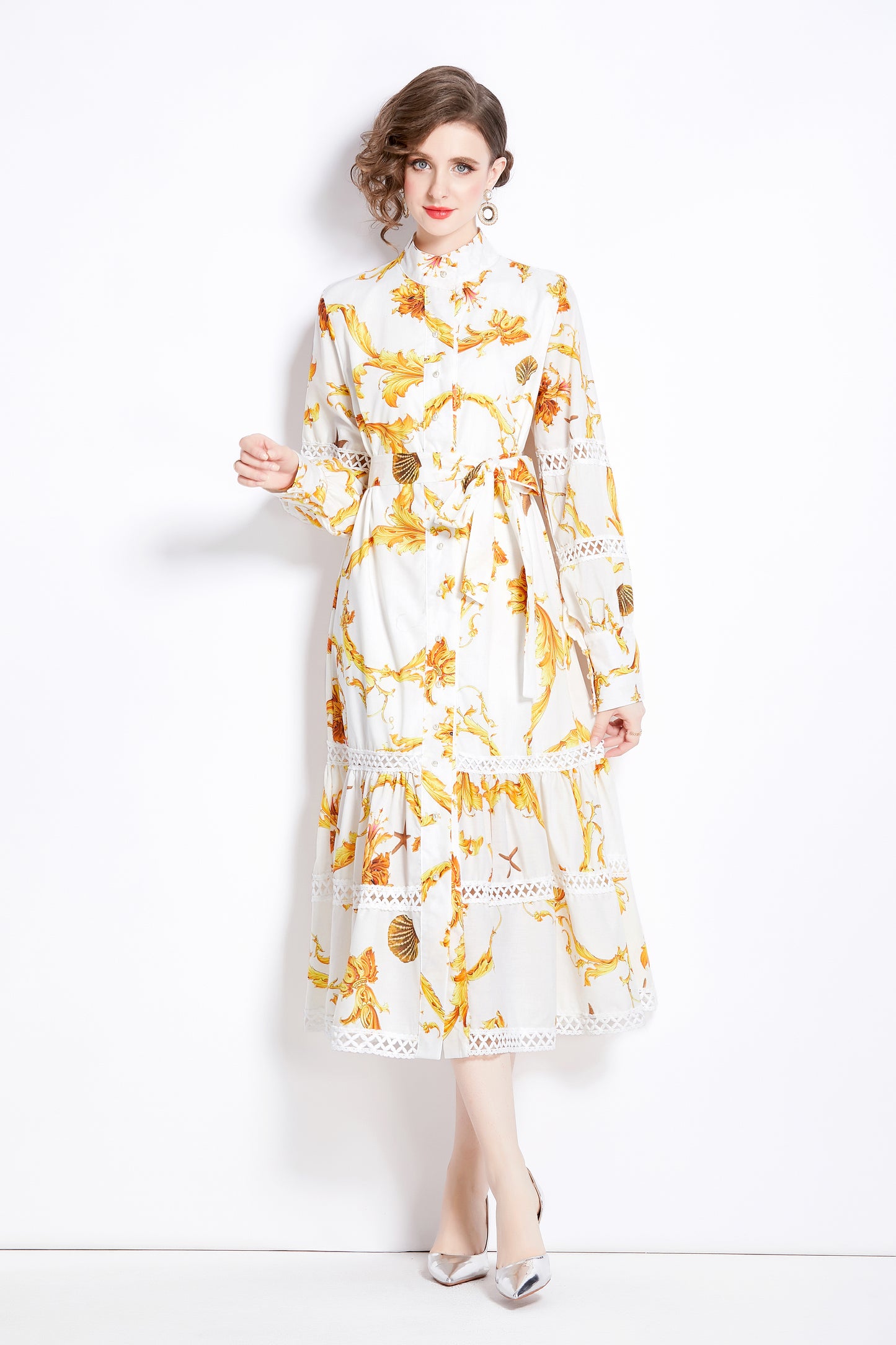 FSY-Women Floral Print Button Split Flowy Maxi Dress