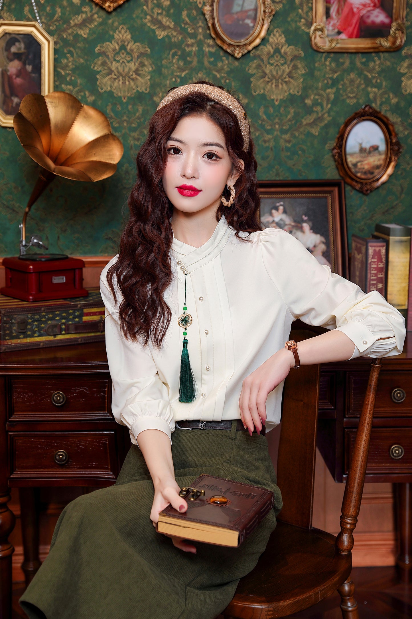 Women's Silk Satin Embroidery Jacquard Blouses - LAI MENG FIVE CATS
