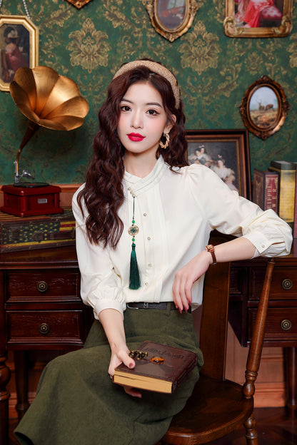 Women's Silk Satin Embroidery Jacquard Blouses - LAI MENG FIVE CATS