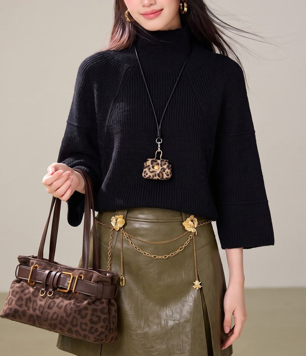 28681-Ribbed Turtleneck Flare-Sleeve Knit Sweater – Black & White