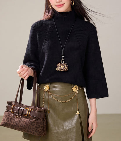 28681-Ribbed Turtleneck Flare-Sleeve Knit Sweater – Black & White