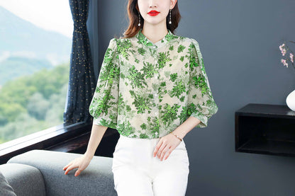 Silk Blouse Satin Lantern Sleeve Button up Casual Print Loose Tops Shirt