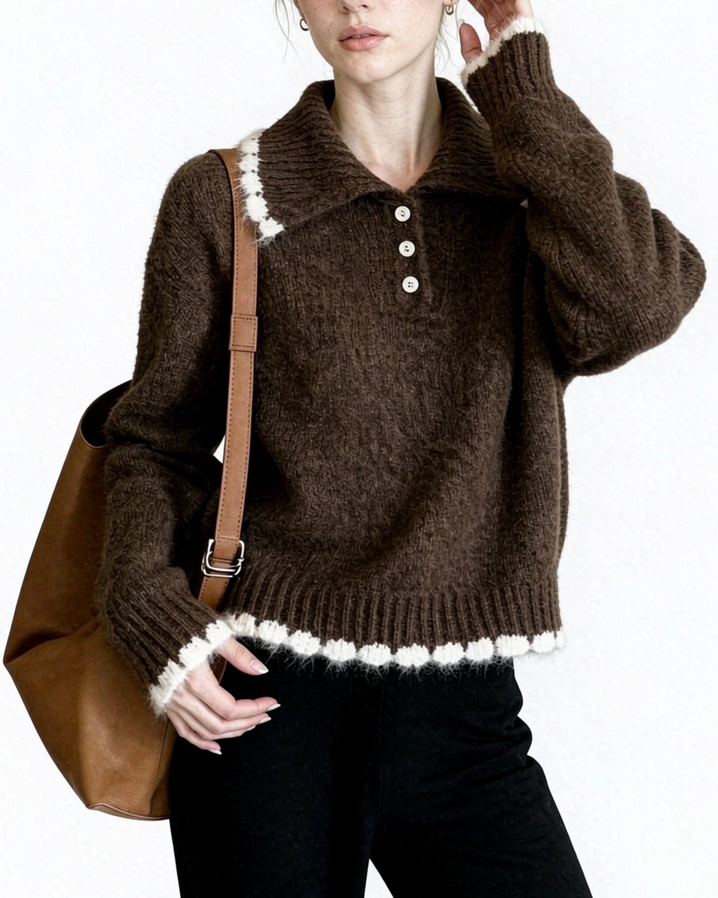 Contrast Trim Knit Polo Sweater | Soft Long Sleeve Pullover