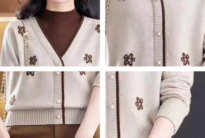 Floral Embroidered V-Neck Knit Sweater Pullover Top Fall Layered