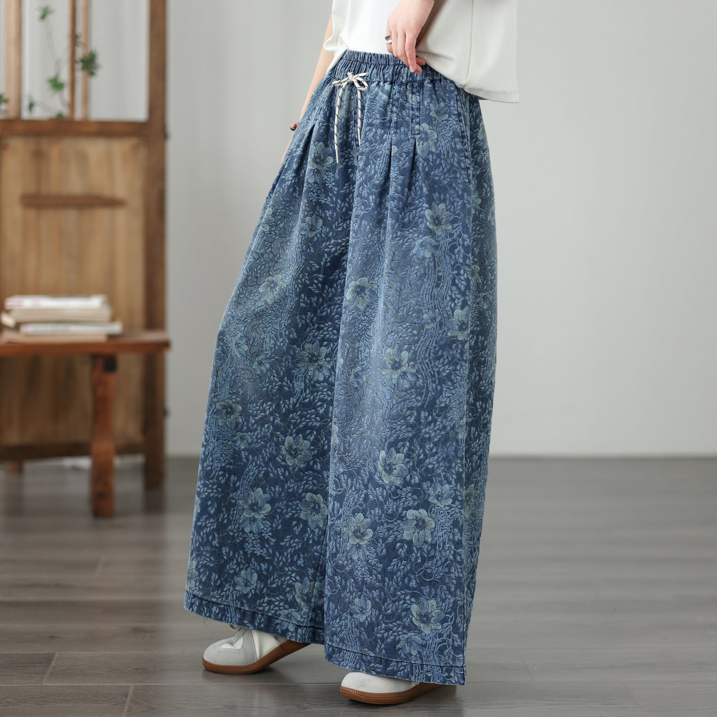Women's Wide Leg Jeans Baggy Floral Wasited Elastic Pants - LAI MENG FIVE CATS