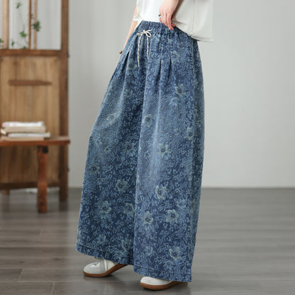 Women's Wide Leg Jeans Baggy Floral Wasited Elastic Pants - LAI MENG FIVE CATS