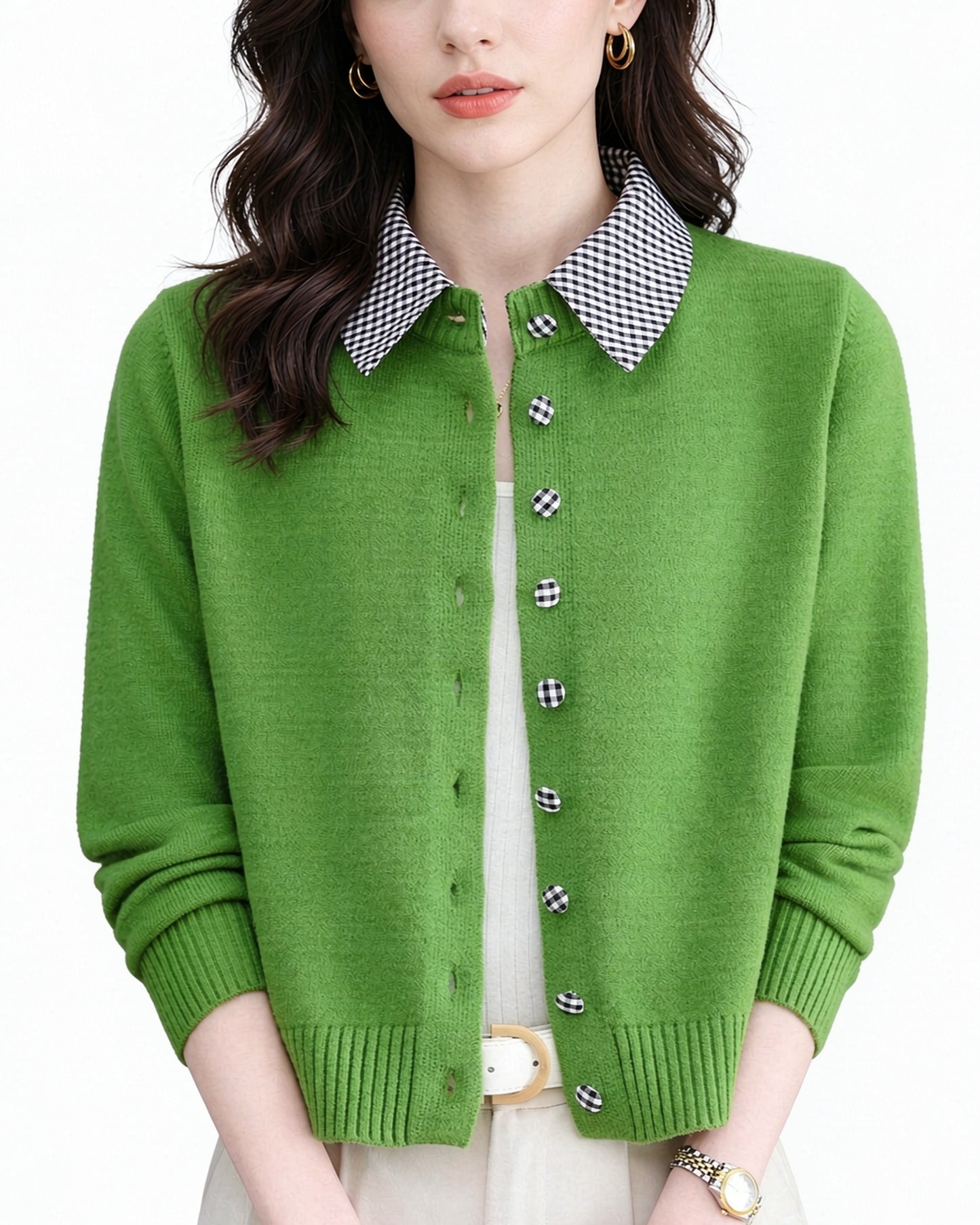 Contrast Gingham Collar Knit Cardigan – Vintage Button Sweater Top