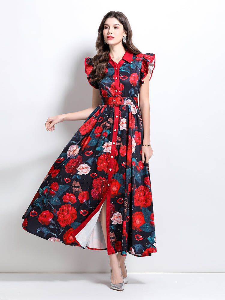 BK-Floral V Neck Sleeveless Ruffles Maxi Dresses