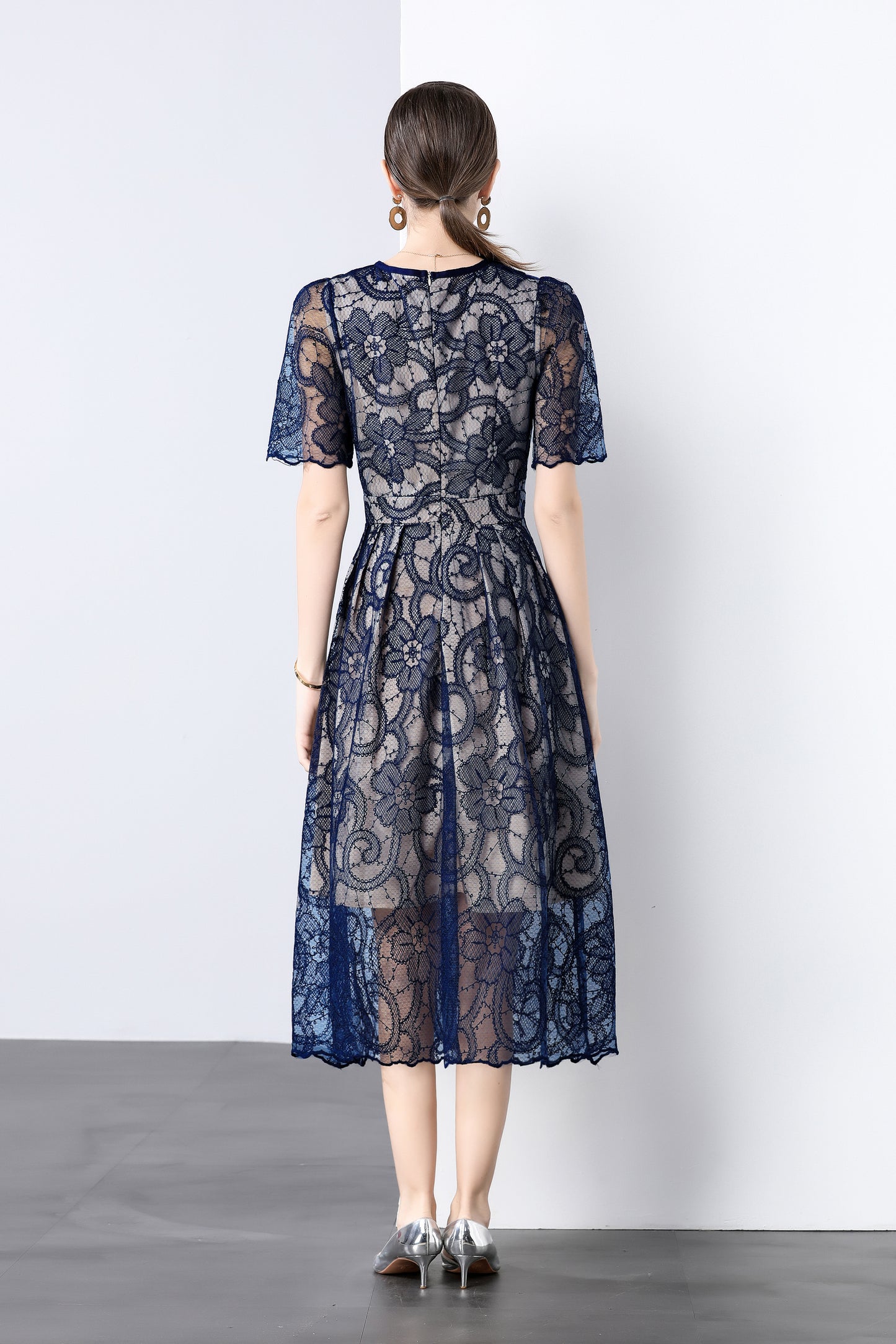Navy Lace Bow Midi Dress – Classy Feminine Occasion Dress