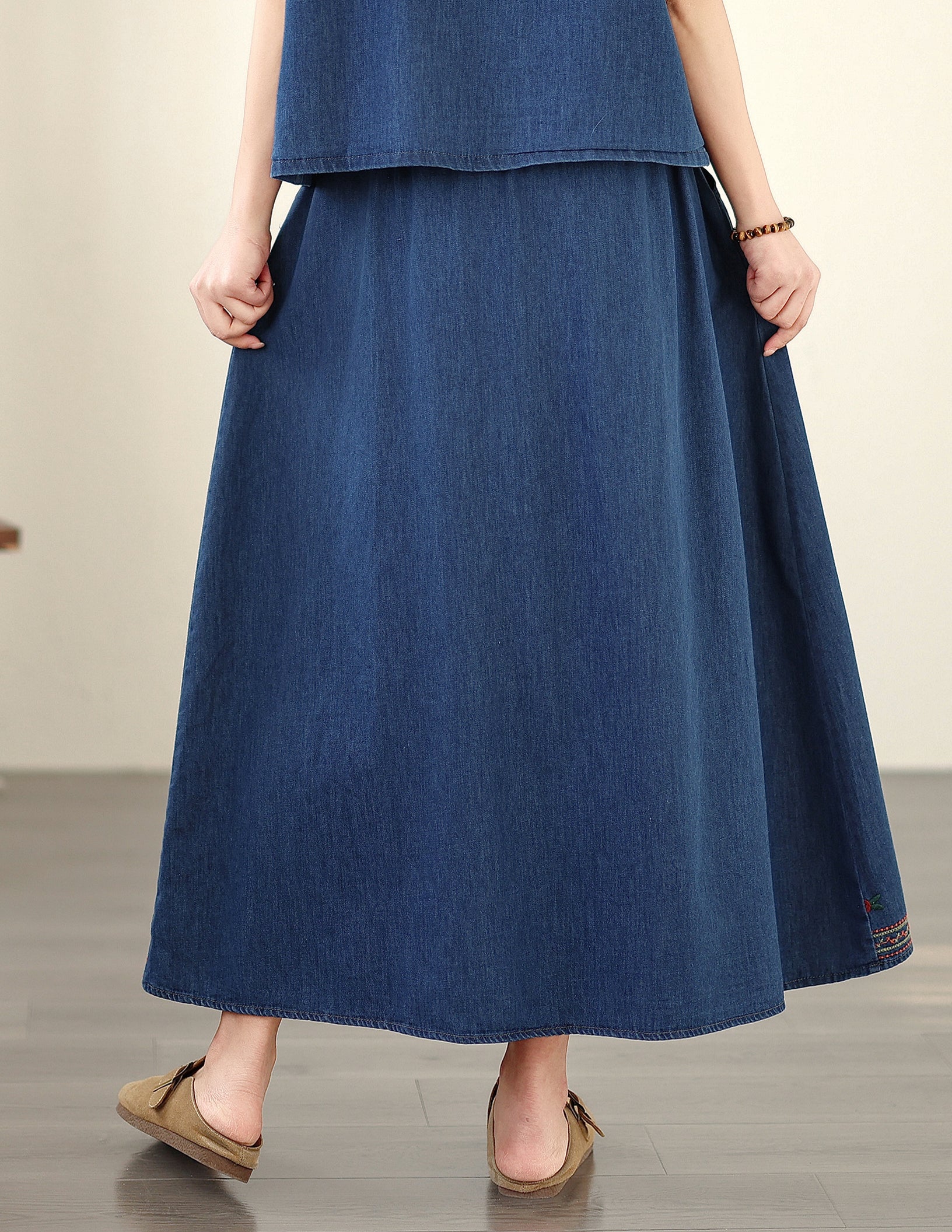 Women's Embroidered Elastic Waist Denim Jean Maxi Skirt Pocket - LAI MENG FIVE CATS
