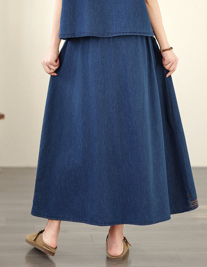 Women's Embroidered Elastic Waist Denim Jean Maxi Skirt Pocket - LAI MENG FIVE CATS