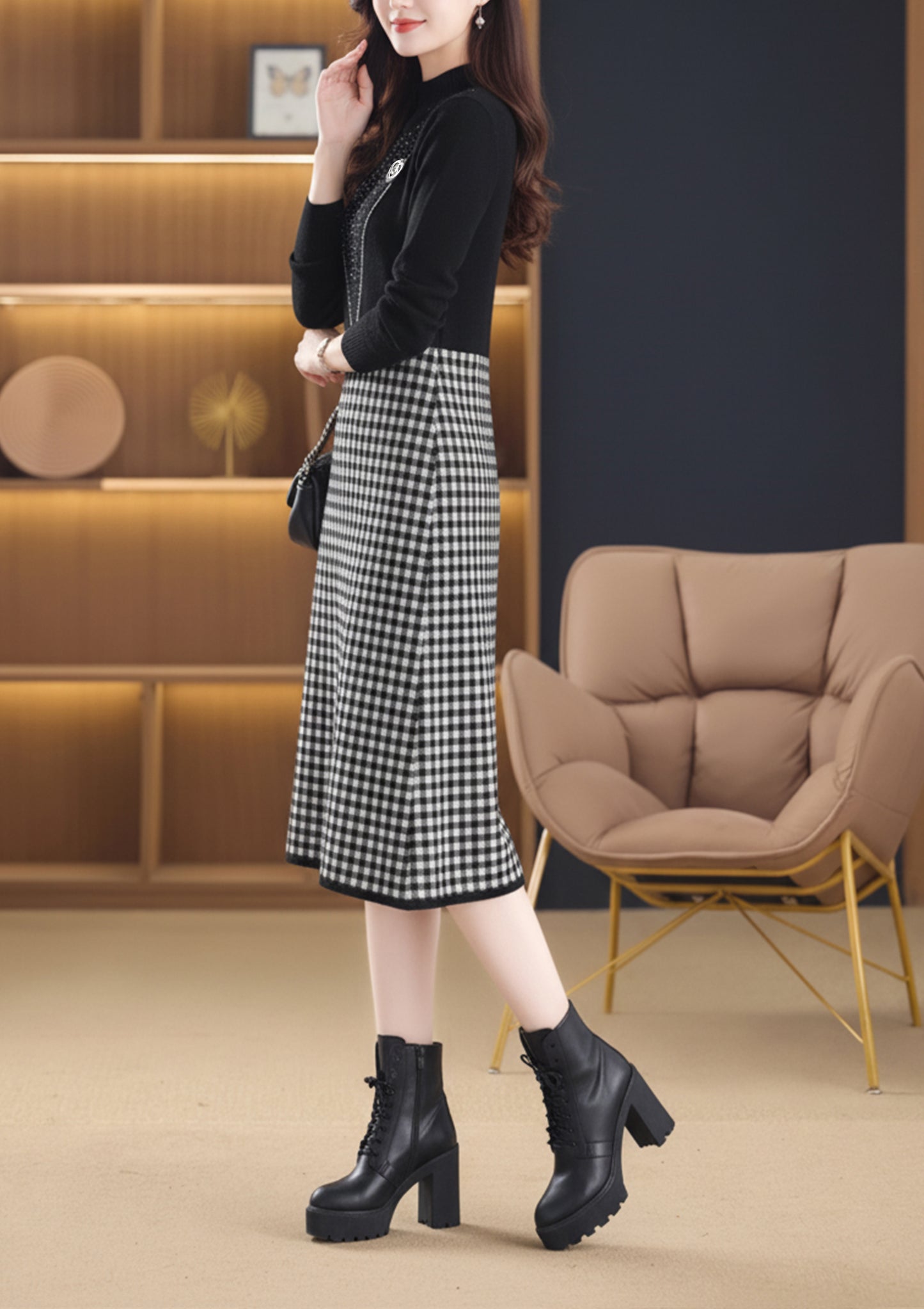 Women's Plaid Mock Neck Knit Sweater Dress