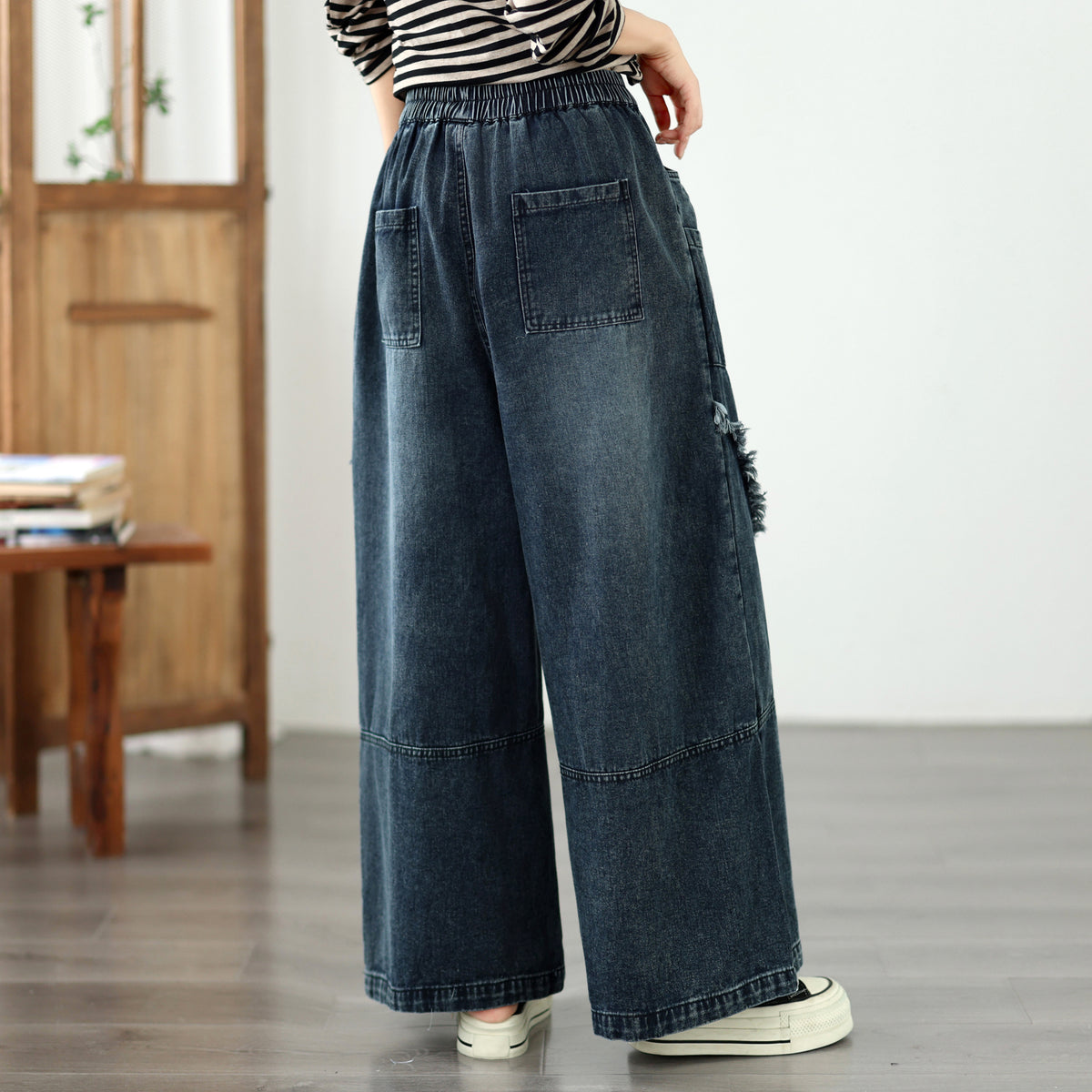 Vintage Denim Wide Leg Pants - Women's Patchwork Jeans Trousers