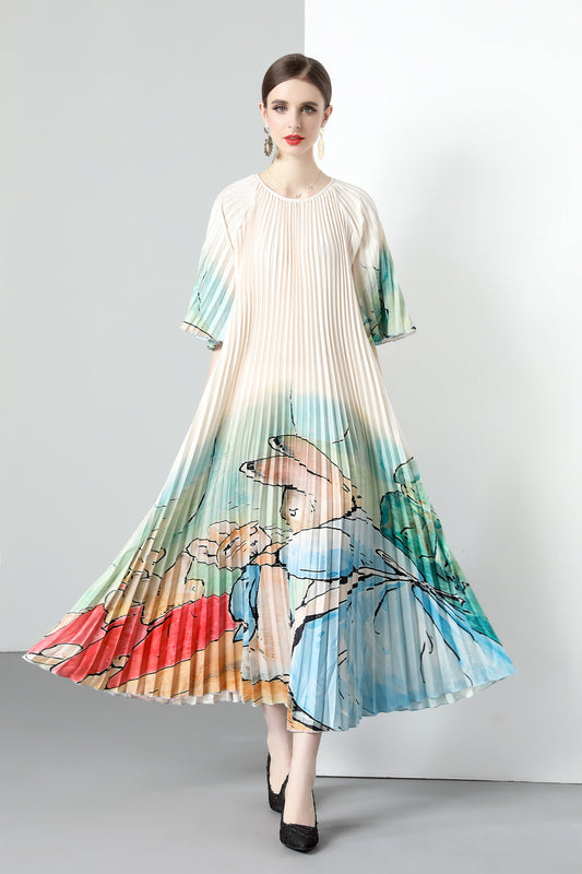 Khaki Elegant Pleated Round Neck 1/2 Sleeves Print Casual Maxi Dress