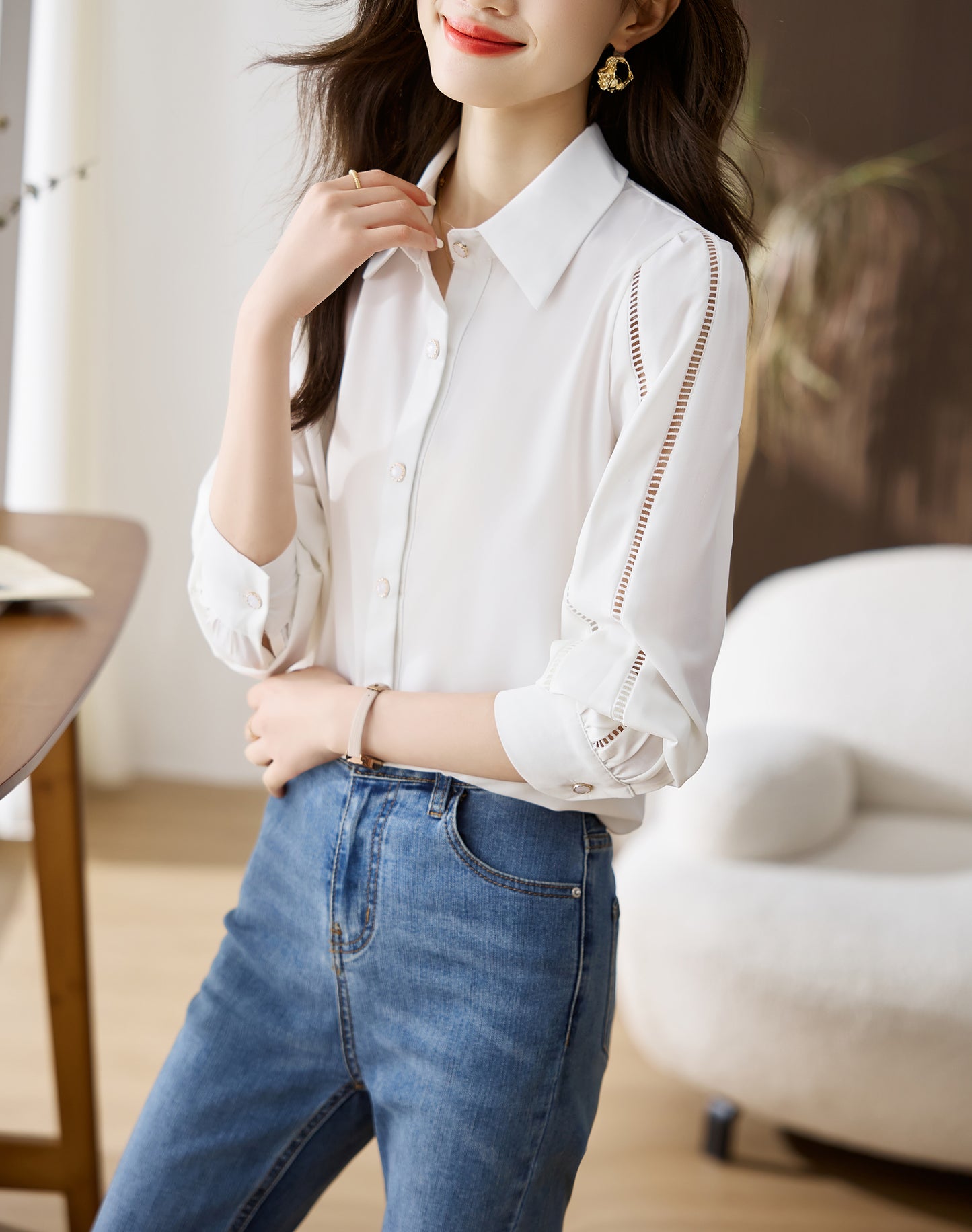 Women's Lapel Collar Long Sleeve Casual Button Blouse - LAI MENG FIVE CATS
