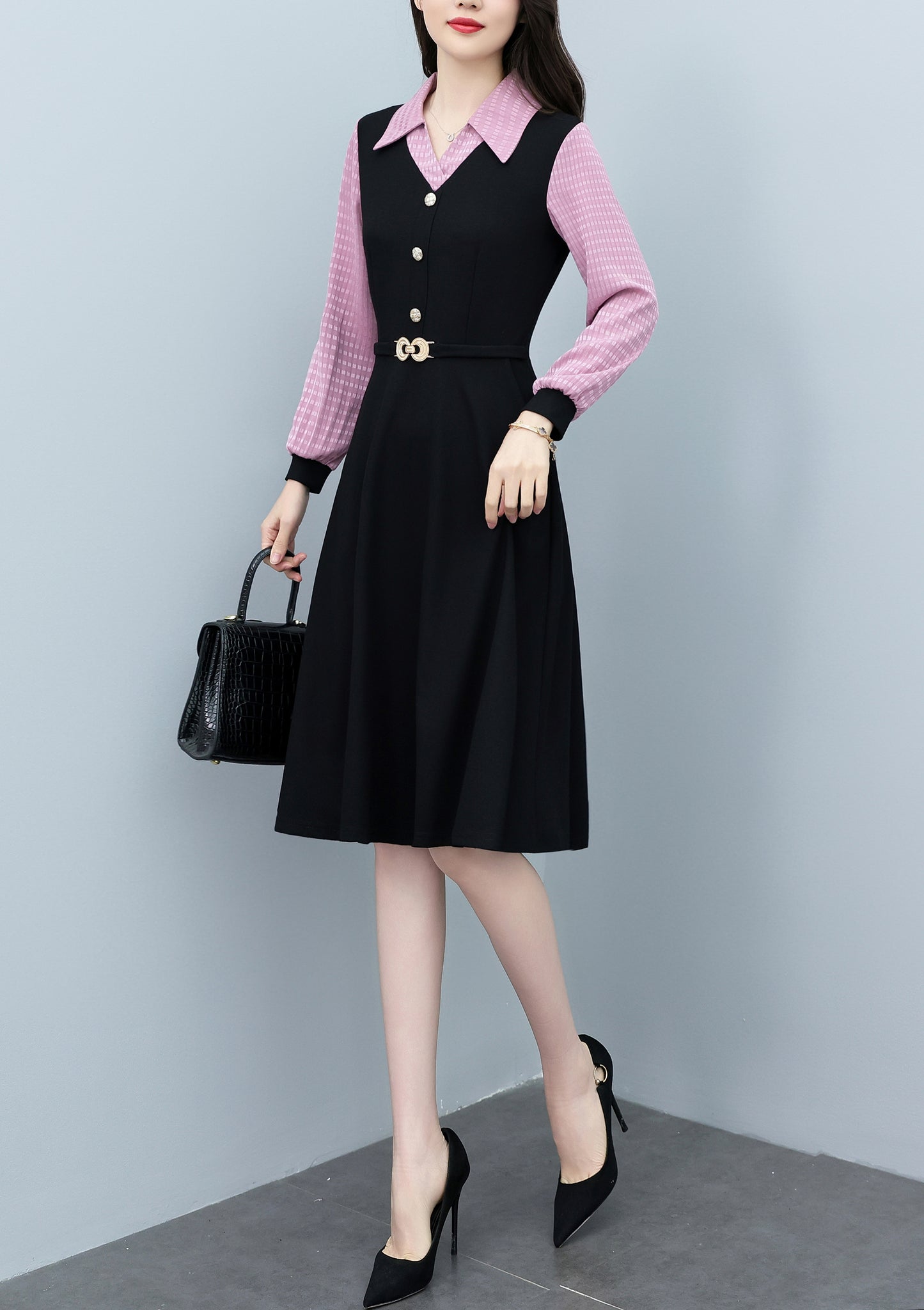 Women's Lapel V-Neck Pocket Long Sleeve Black Dress