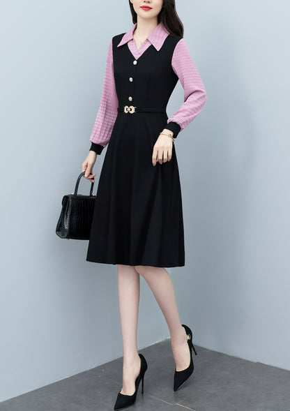 Women's Lapel V-Neck Pocket Long Sleeve Black Dress