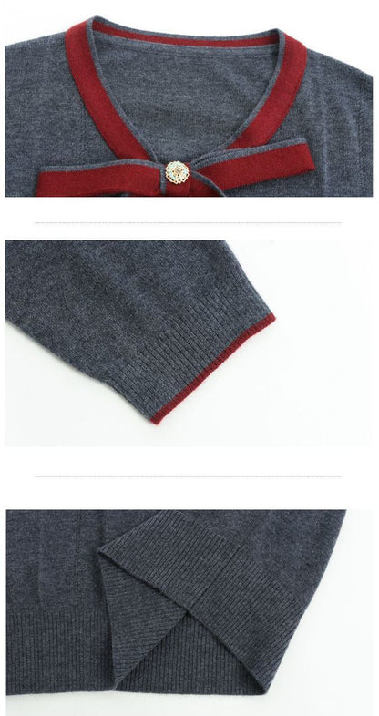 Vintage Bow Collar Knit Sweater Long Sleeve Pullover Top
