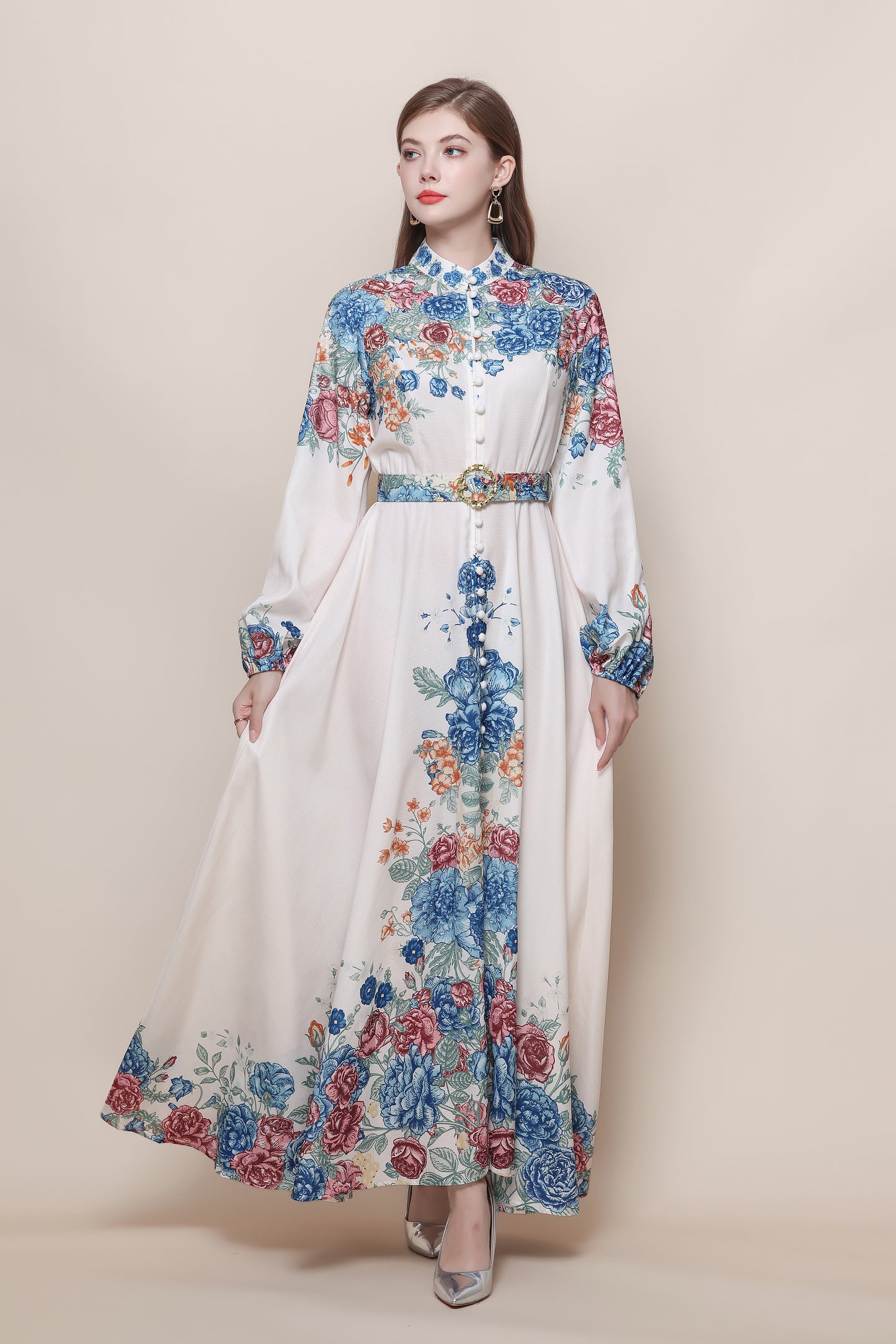 26-Women's Floral Print Puff Sleeve Button Maxi Dress - LAI MENG FIVE CATS