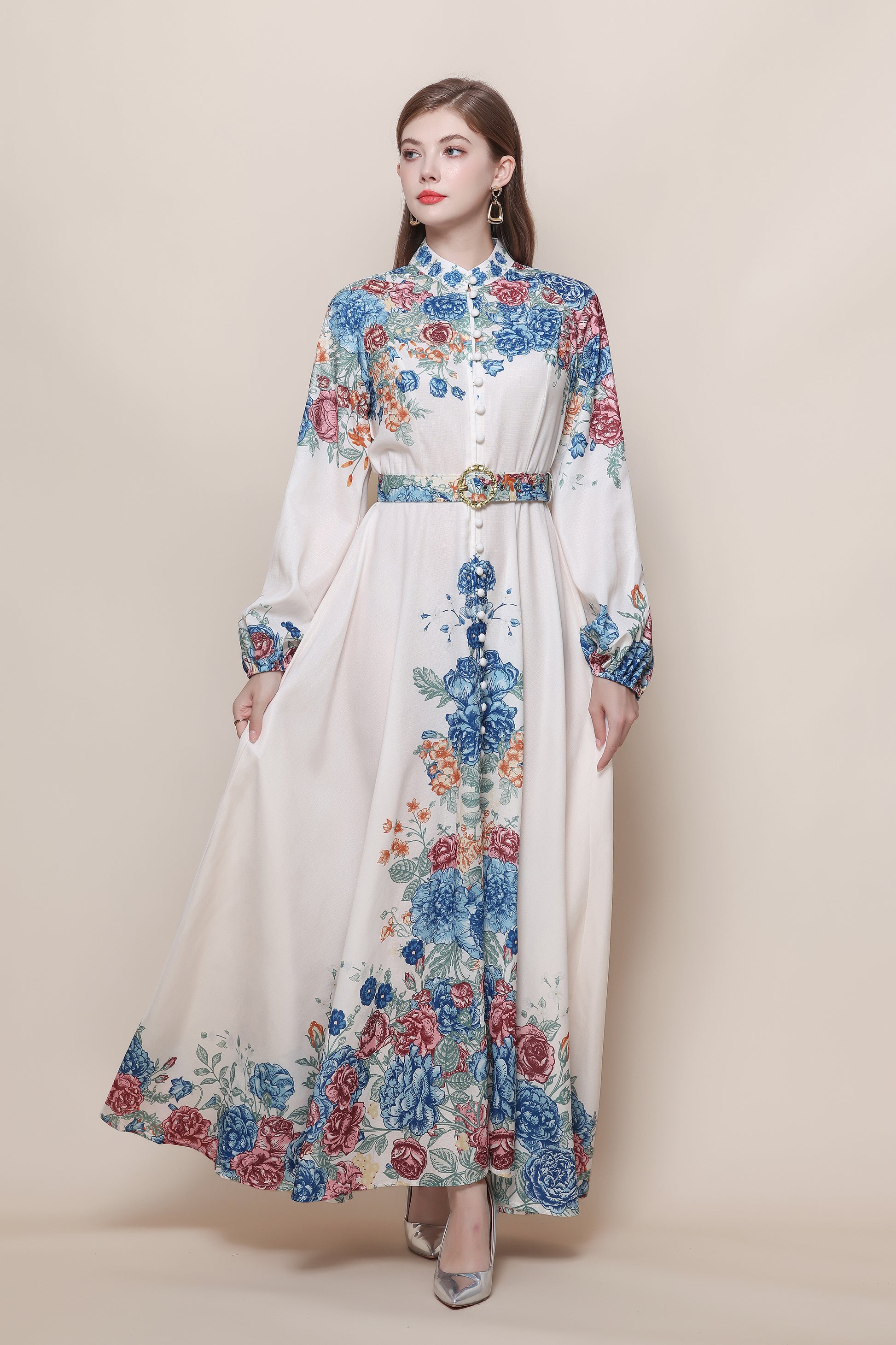 26-Women's Floral Print Puff Sleeve Button Maxi Dress - LAI MENG FIVE CATS