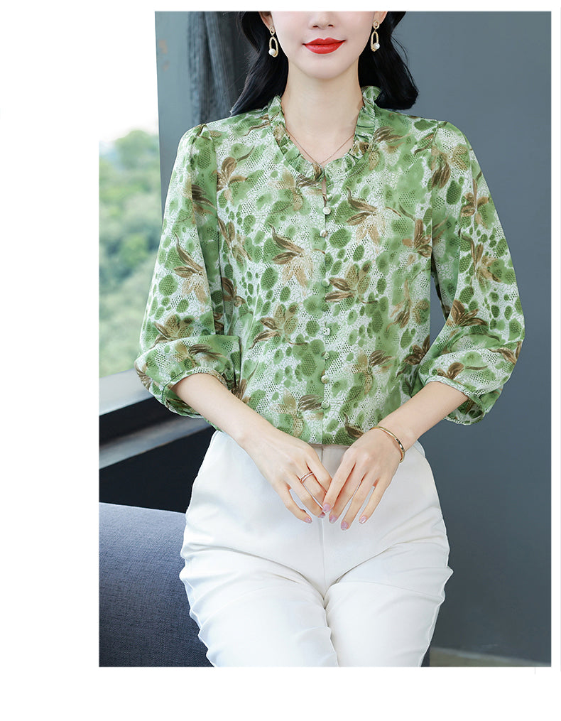 Women's Floral Print Ruffle Button Loose Blouses Top