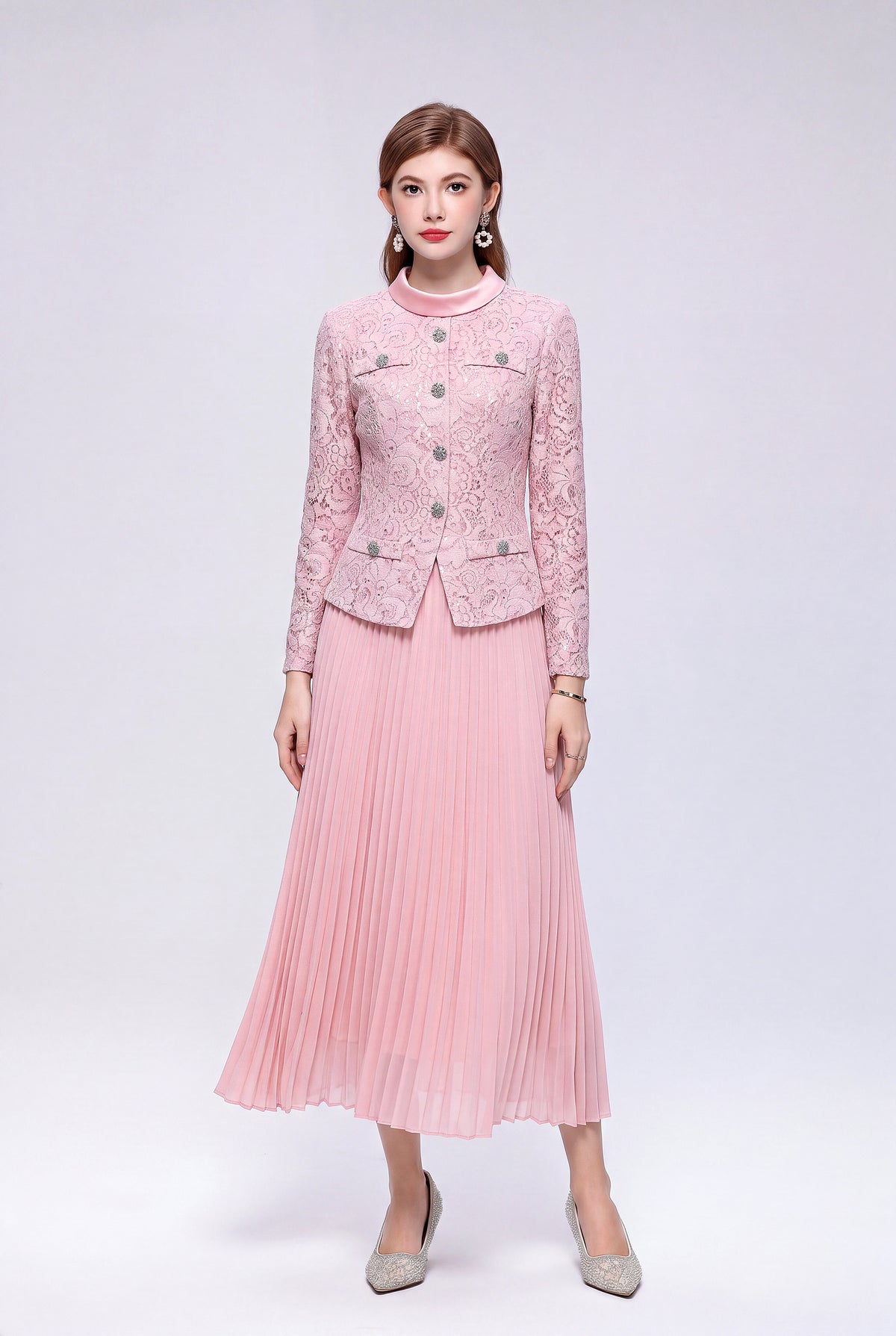 Lace Jacket & Pleated Midi Skirt Set | 3 Colors