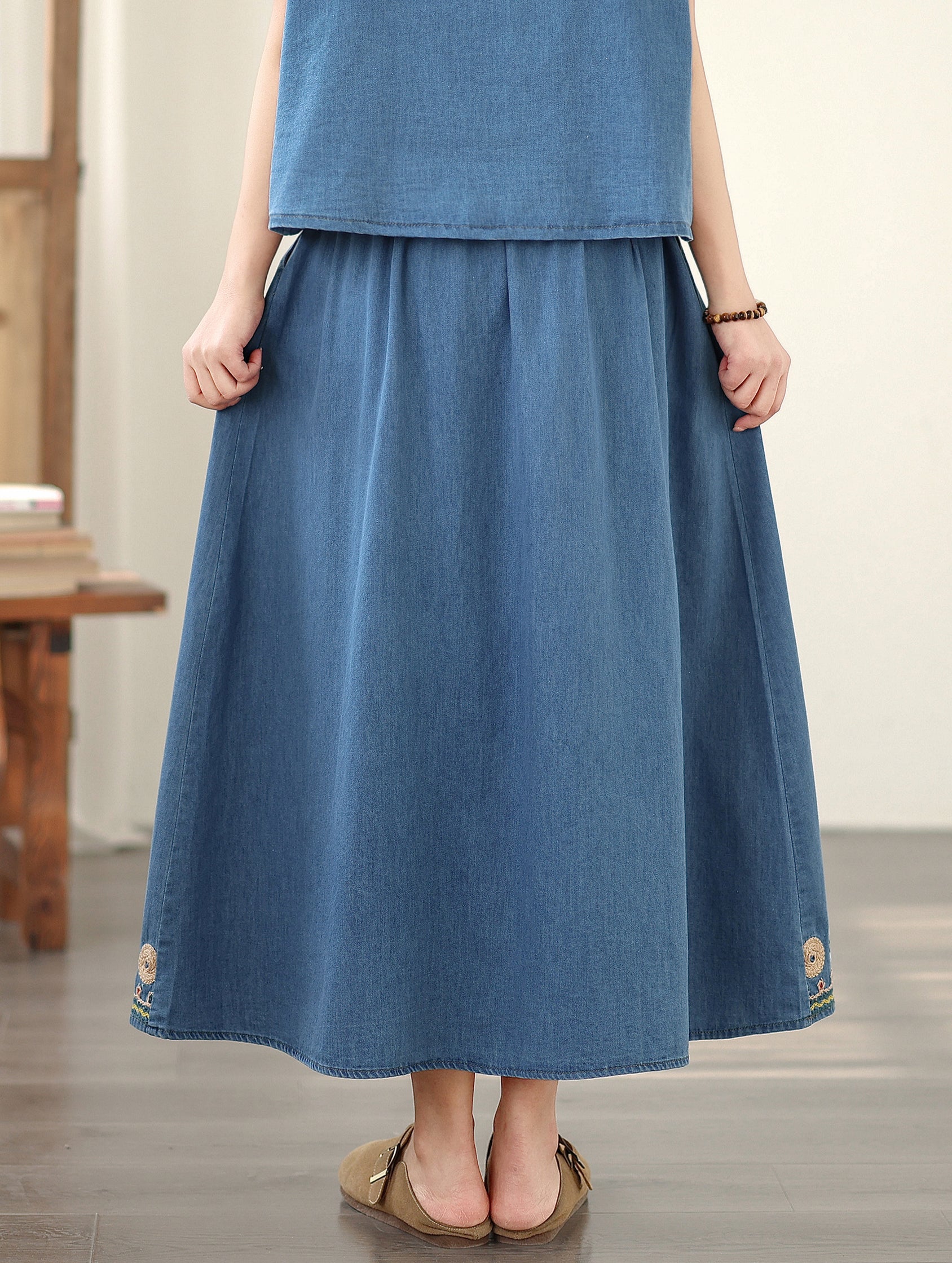 Women's Embroidered Elastic Waist Denim Jean Maxi Skirt Pocket - LAI MENG FIVE CATS