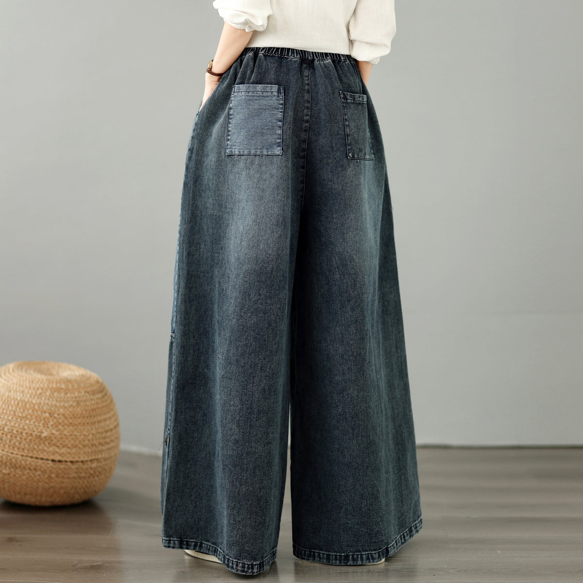 28667-Vintage Denim Wide-Leg Pants with Buttons Trim & Patch Pockets