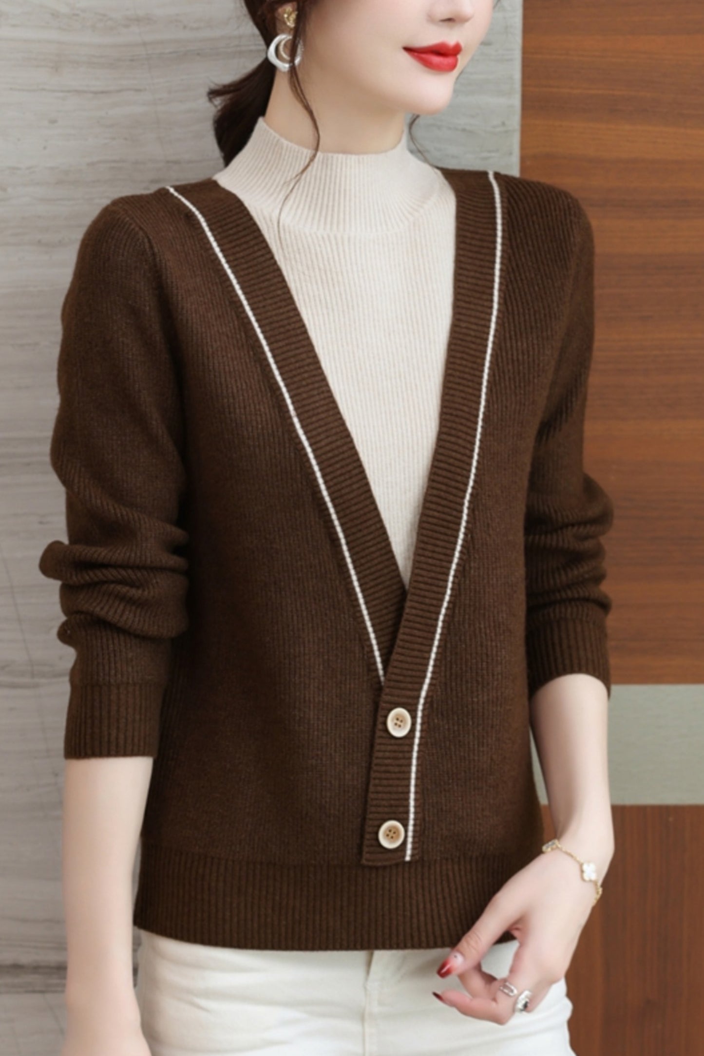 Women's Fall Turtleneck Color Block Knitted Sweater