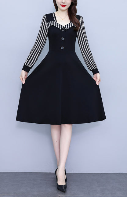 Women's Square Collar Long Sleeve Black Dress with Pocket - LAI MENG FIVE CATS