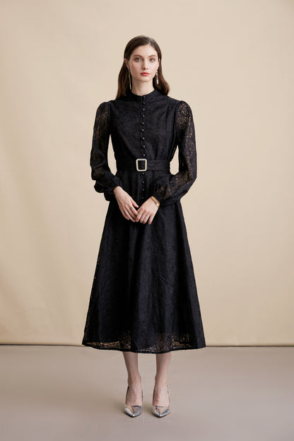 Women's Lace Stand Collar Puff Sleeve Midi Dress