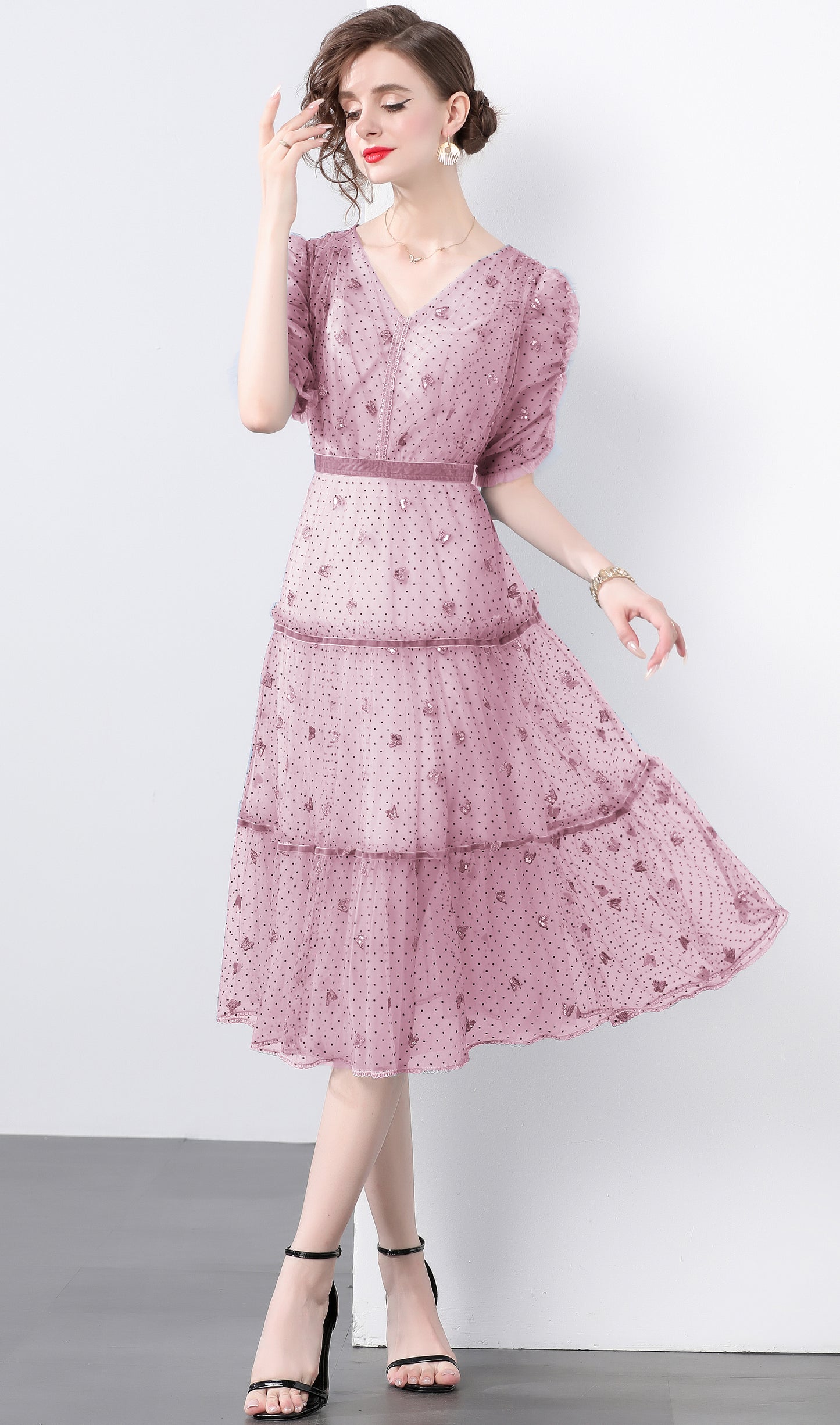 Pink Butterfly Embroidered Midi Dress – Romantic Tiered Tulle Dress