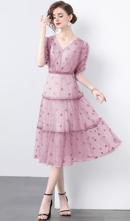 Pink Butterfly Embroidered Midi Dress – Romantic Tiered Tulle Dress