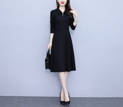 Women's V-Neck with Pockets Long Sleeve Black Dress