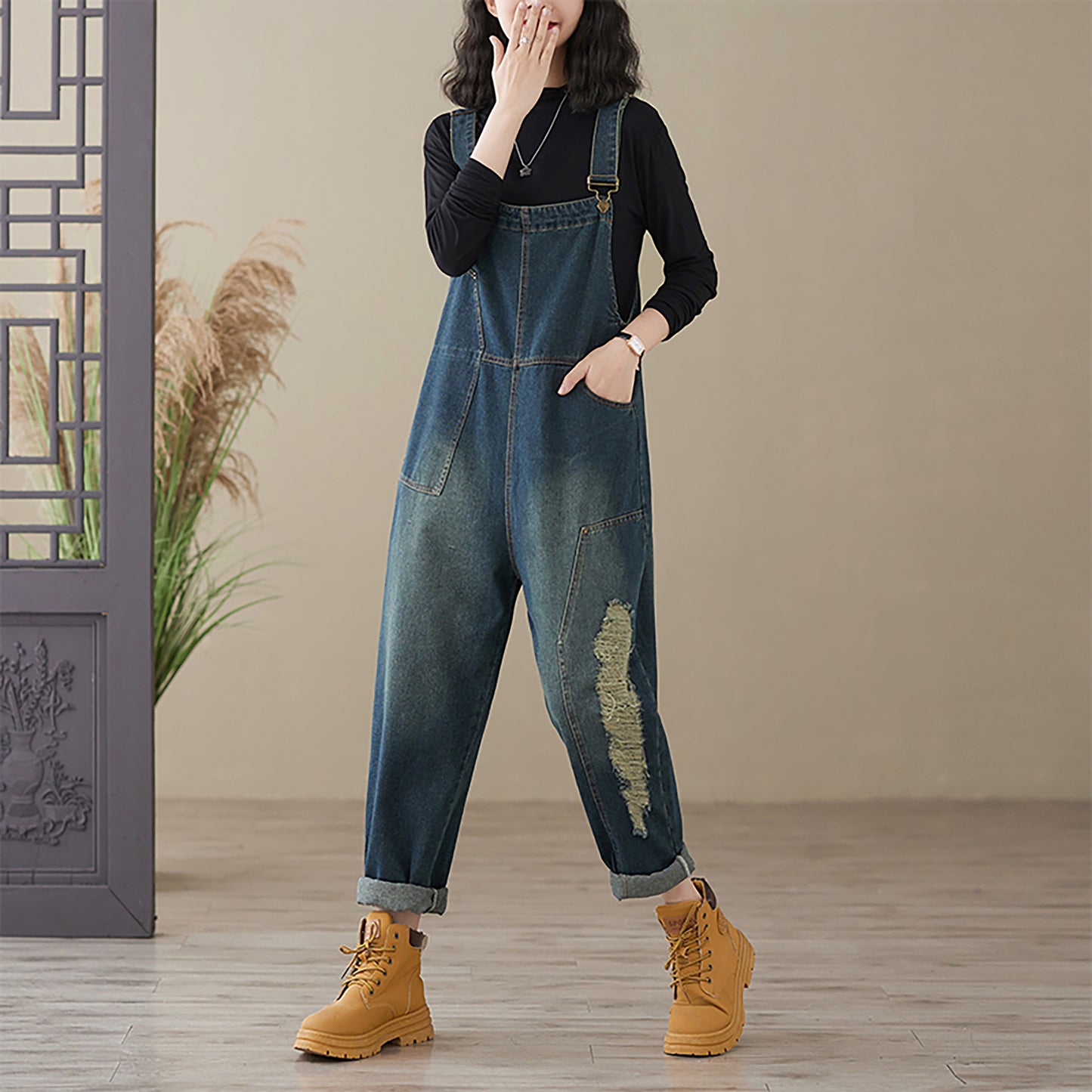 Stretchy Loose Bib Overalls with Pockets