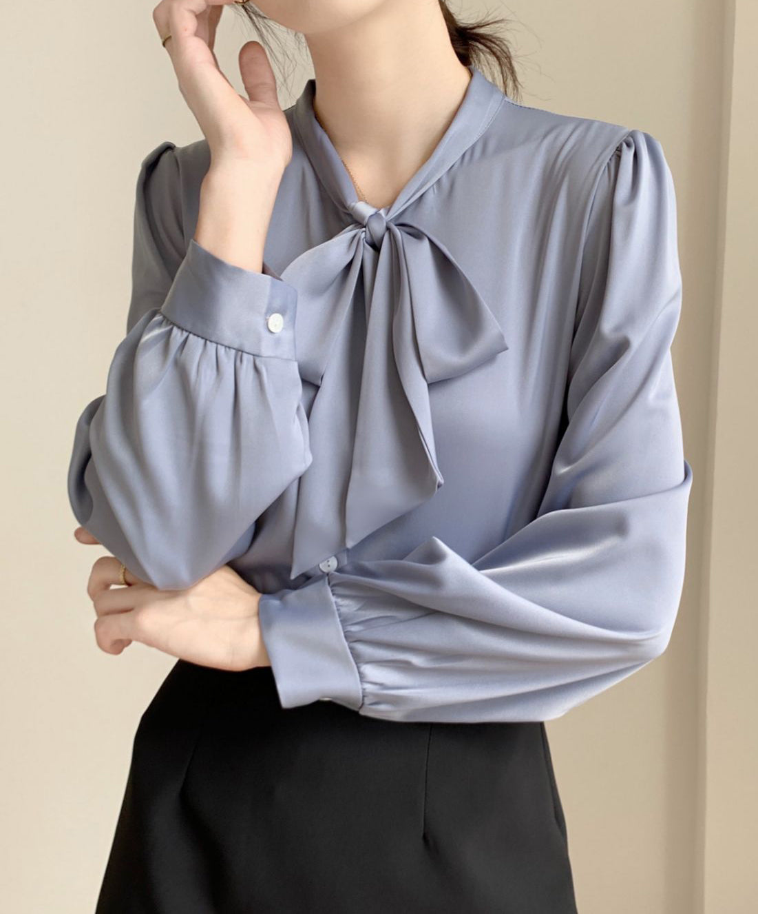 28686 Satin Tie-Neck Blouse with Button Front – Soft Blue Elegance for Fall
