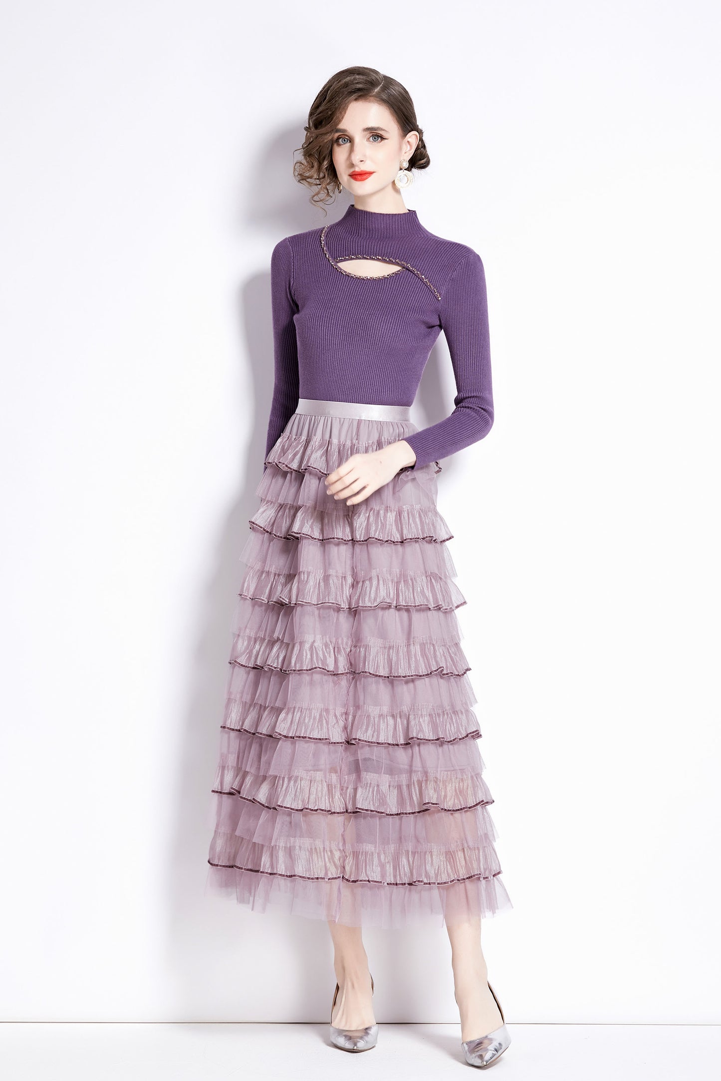 Women's Fall Winter Two-Piece Sweater Knit Tops Sheer Mesh Skirt Midi Dress