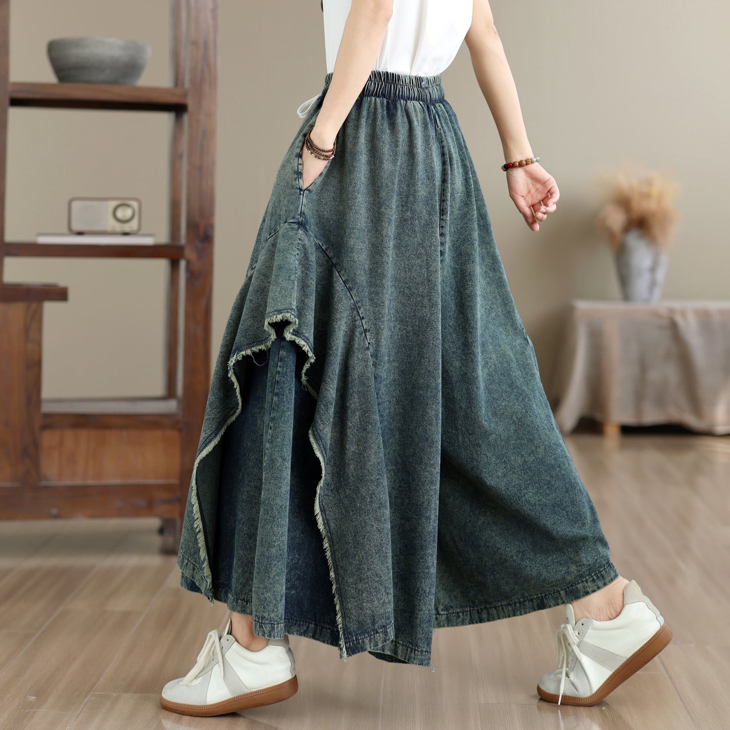 Women Loose Denim Skirt Pants Baggy Elastic Waist Casual Wide Leg Jeans